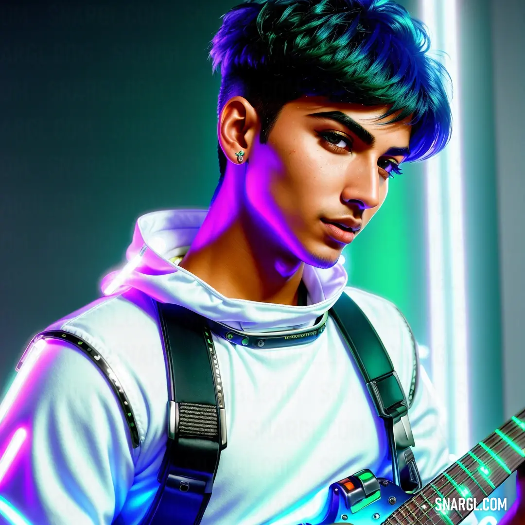 Man with a guitar in his hand and a neon light on his face and shoulder