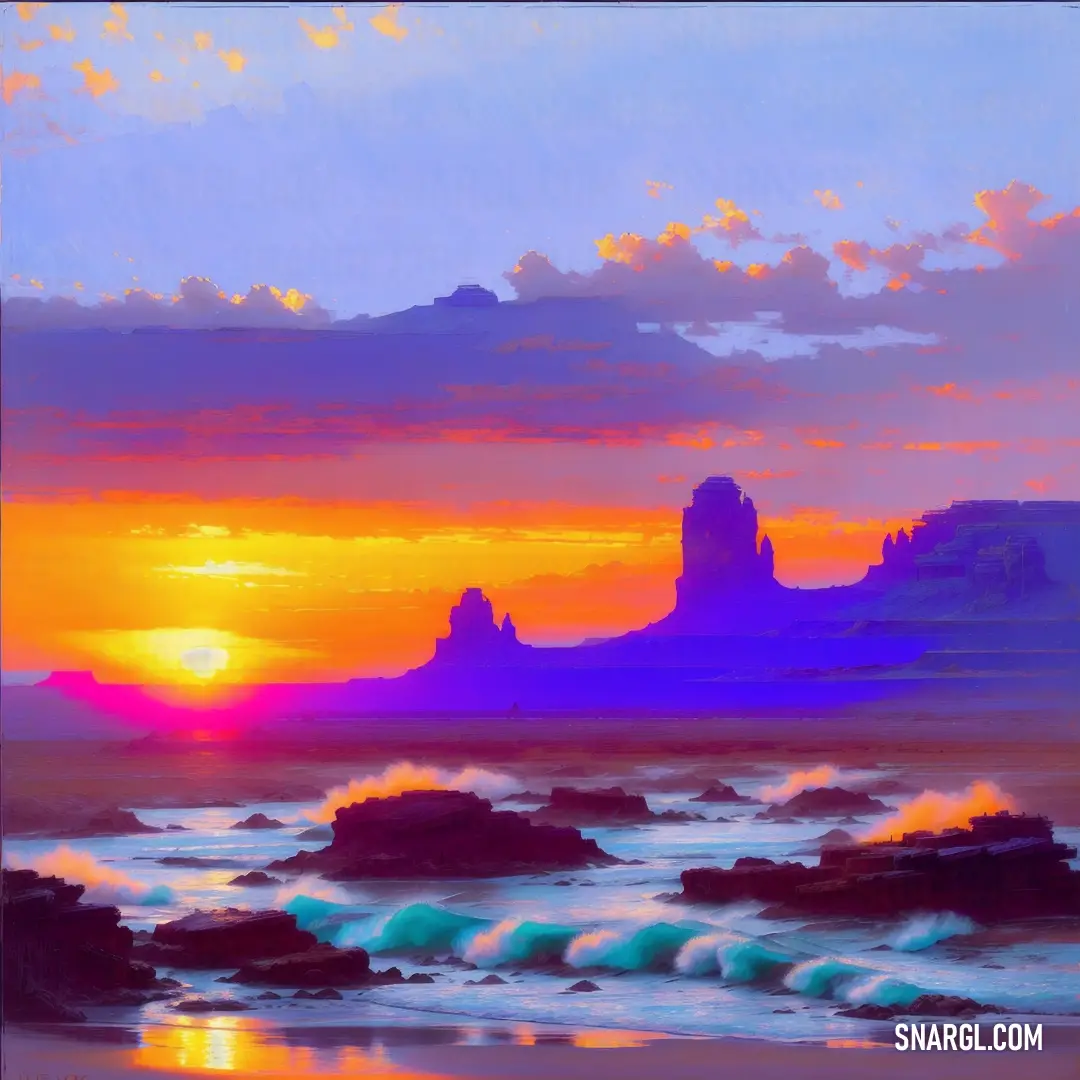 Painting of a sunset over the ocean with a castle in the distance and waves crashing in the foreground