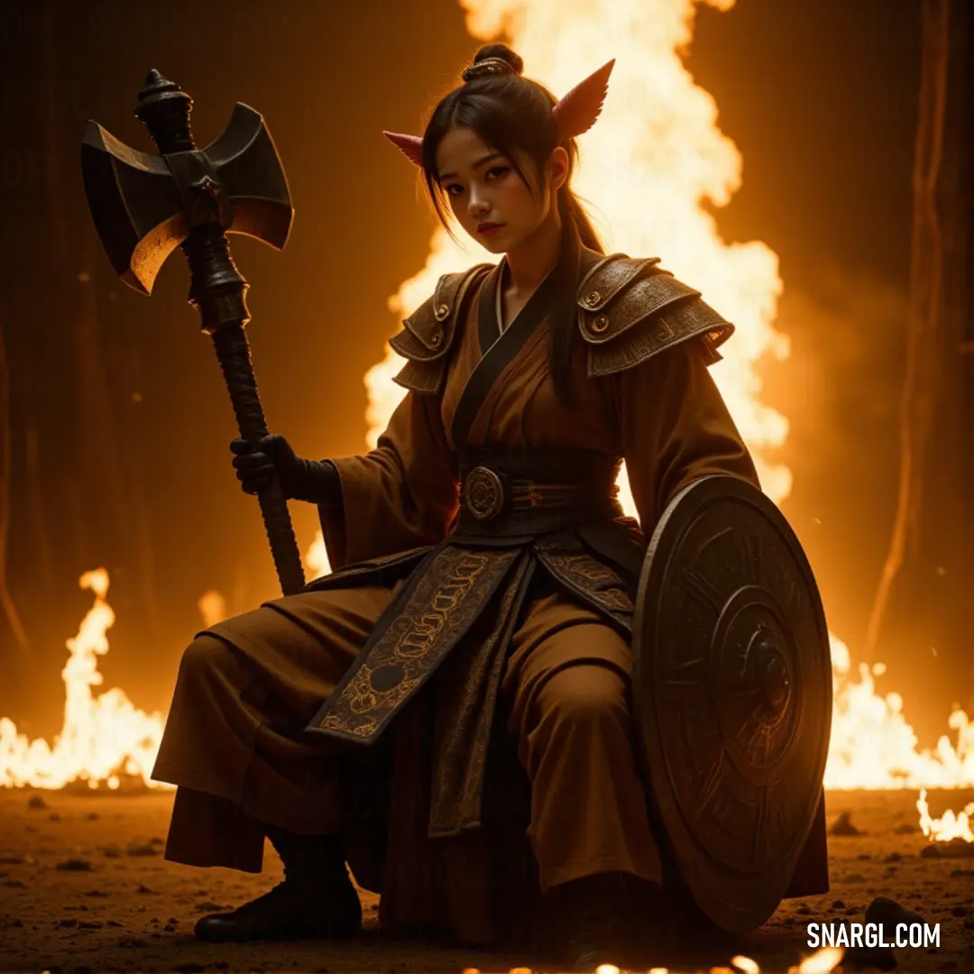 Hana in a costume, wielding a large axe, sitting confidently with flames blazing behind her. Hana sits confidently in a chair, holding a large axe, flames roaring behind her. Her costume glows with intensity, casting shadows on her determined face as she prepares for battle.