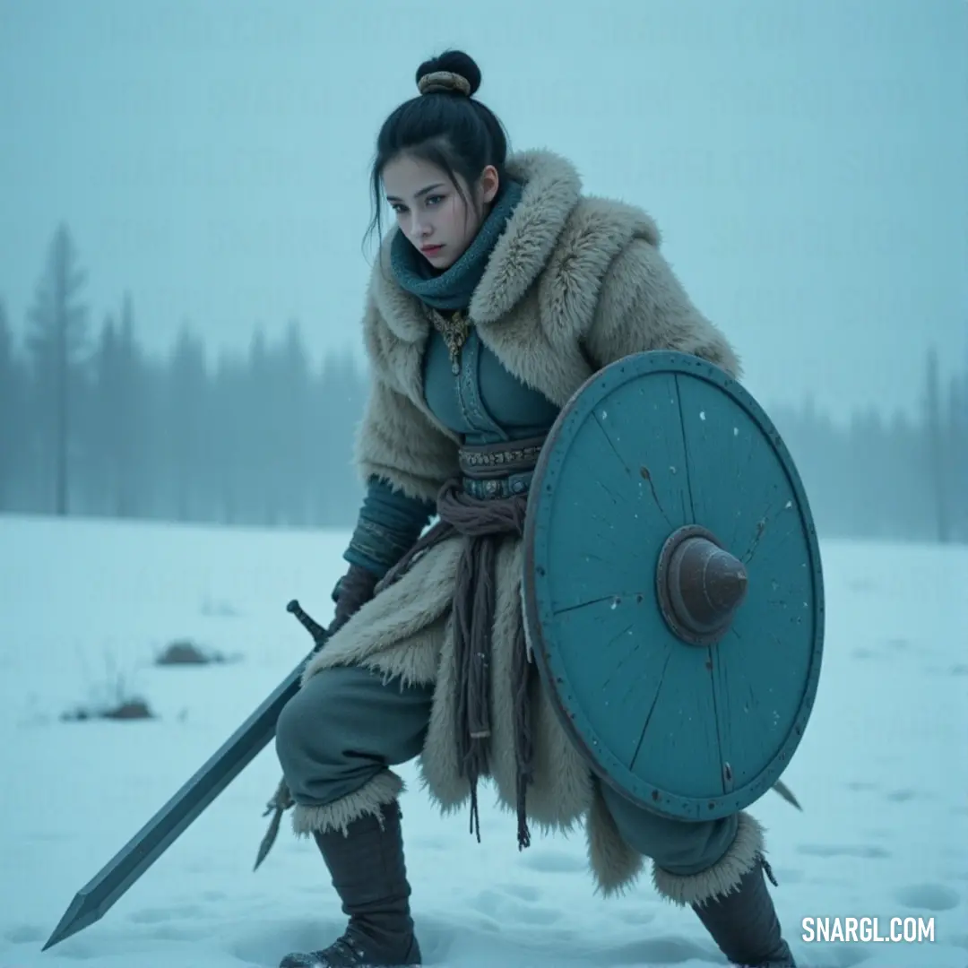 Hana in a fur coat, holding a sword and shield, standing in a snowy forest. Hana, draped in a fur coat, stands in the snow, sword and shield in hand, with a dense forest behind her. Snowflakes fall gently, and the serene yet powerful moment exudes strength and resilience.