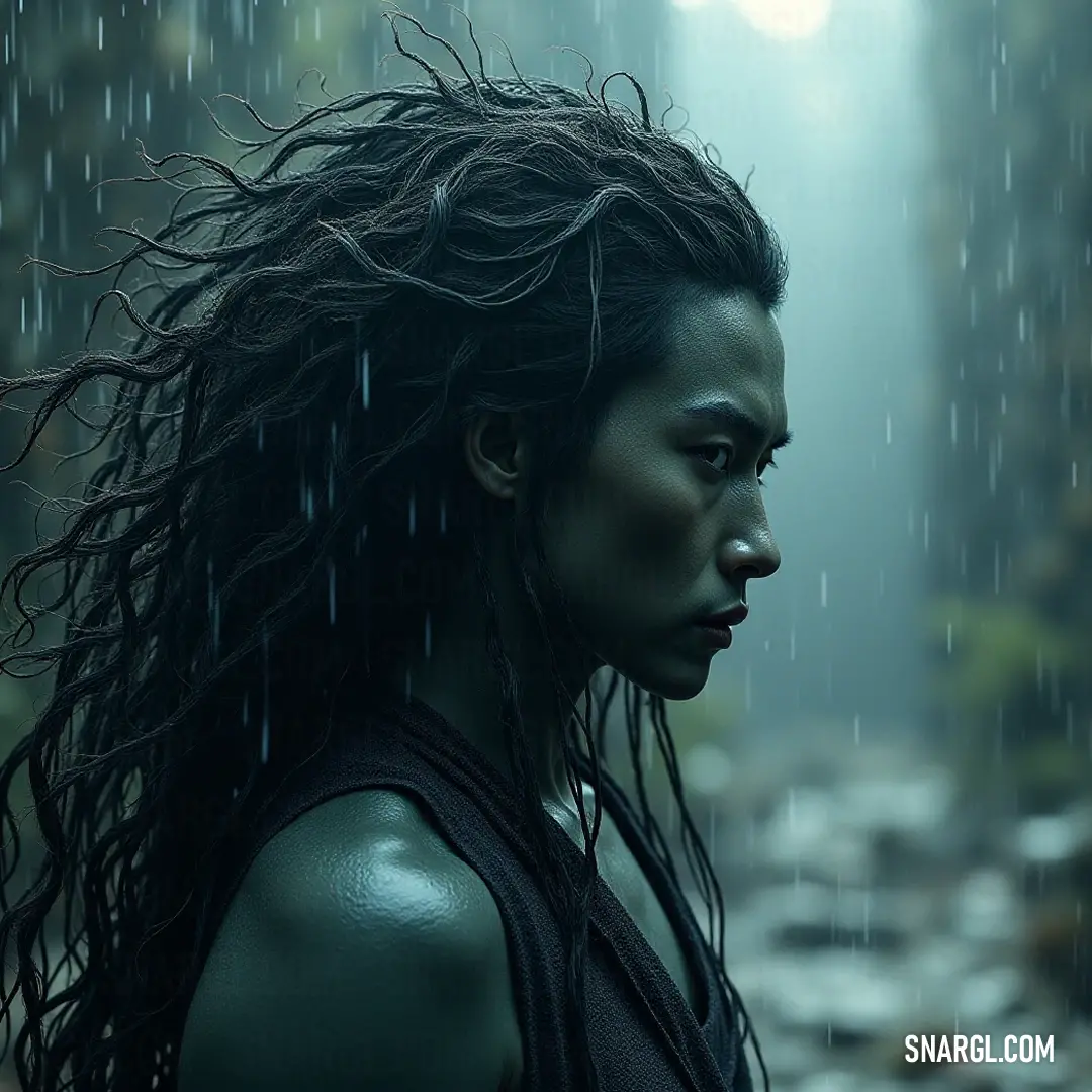 A figure with flowing hair standing in the rain, framed by cascading droplets, conveying resilience and beauty. A figure with flowing long hair stands resiliently in a downpour, rain cascading like a waterfall around her, each droplet amplifying her grace and strength, while the atmosphere speaks of solitude and introspection.