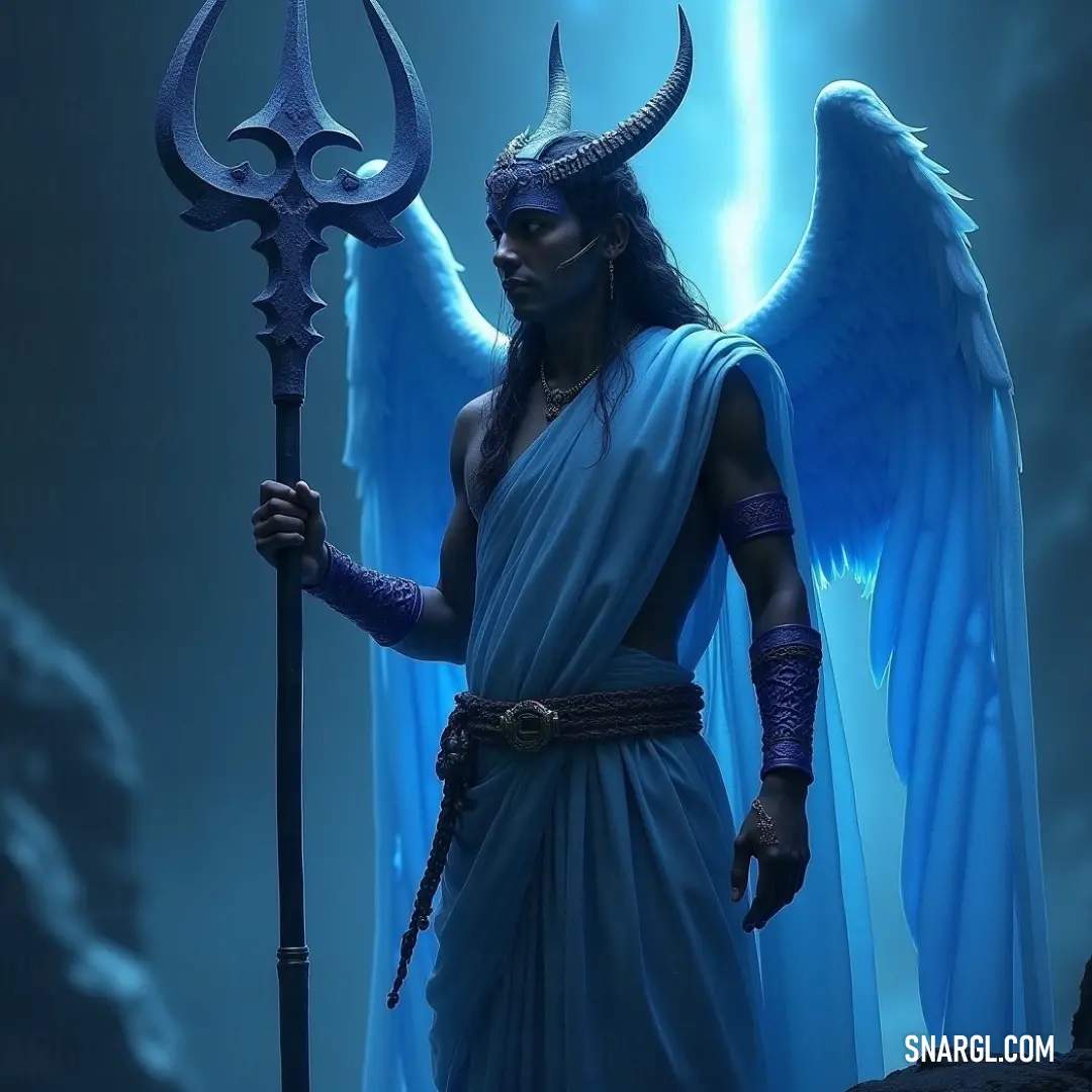 Haniel, wise guardian with horns, standing proudly before an enchanting blue backdrop. Haniel is depicted with striking horns and a majestic staff, set against a mesmerizing blue backdrop. His presence radiates wisdom and confidence, suggesting a guardian who watches over realms with great care and vigilance.