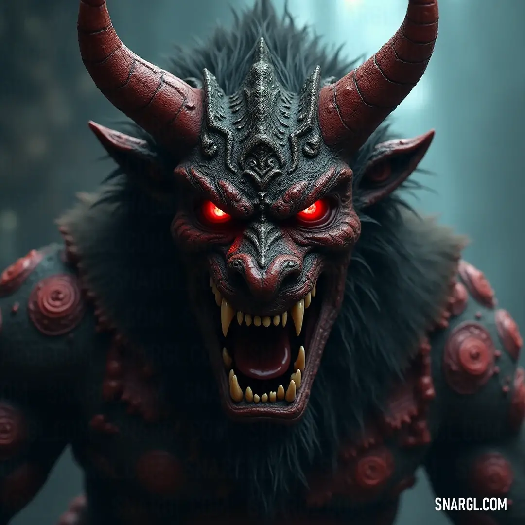 The demonic Hannya King with red eyes and horns stands in shadow, embodying the darker side of folklore and mystique. A demonic Hannya King with intense red eyes and sharp horns looms against a shadowy background, radiating an aura of menace and mystery, emblematic of ancient folklore and untold tales of power and transformation.