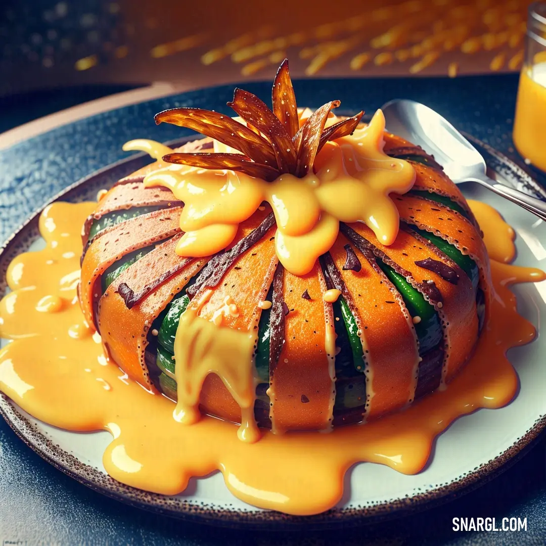 Cake with orange sauce on a plate with a fork and a glass of orange juice in the background
