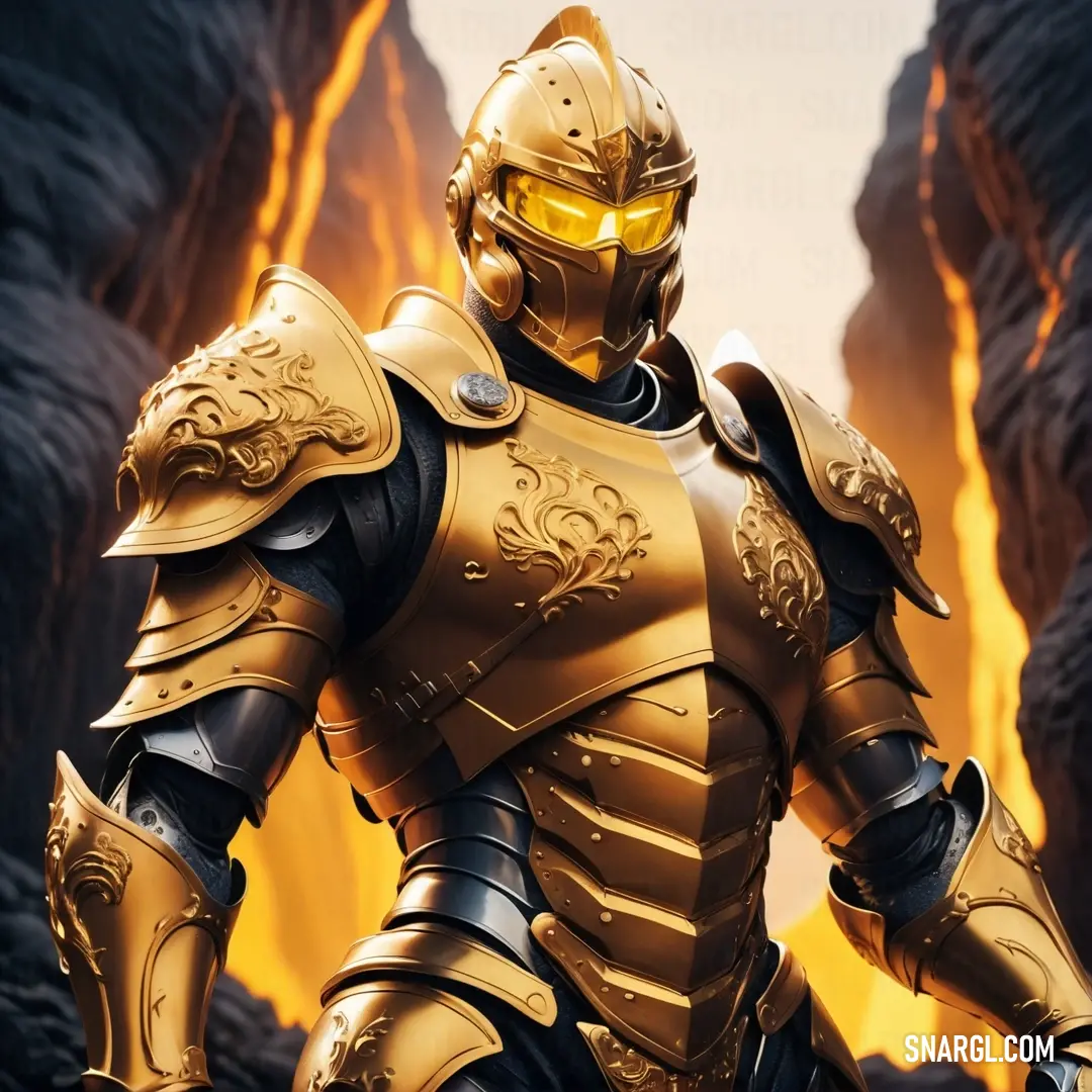 Man in a gold armor standing in front of a fire filled mountain range with a sword in his hand. Color RGB 233,214,107.