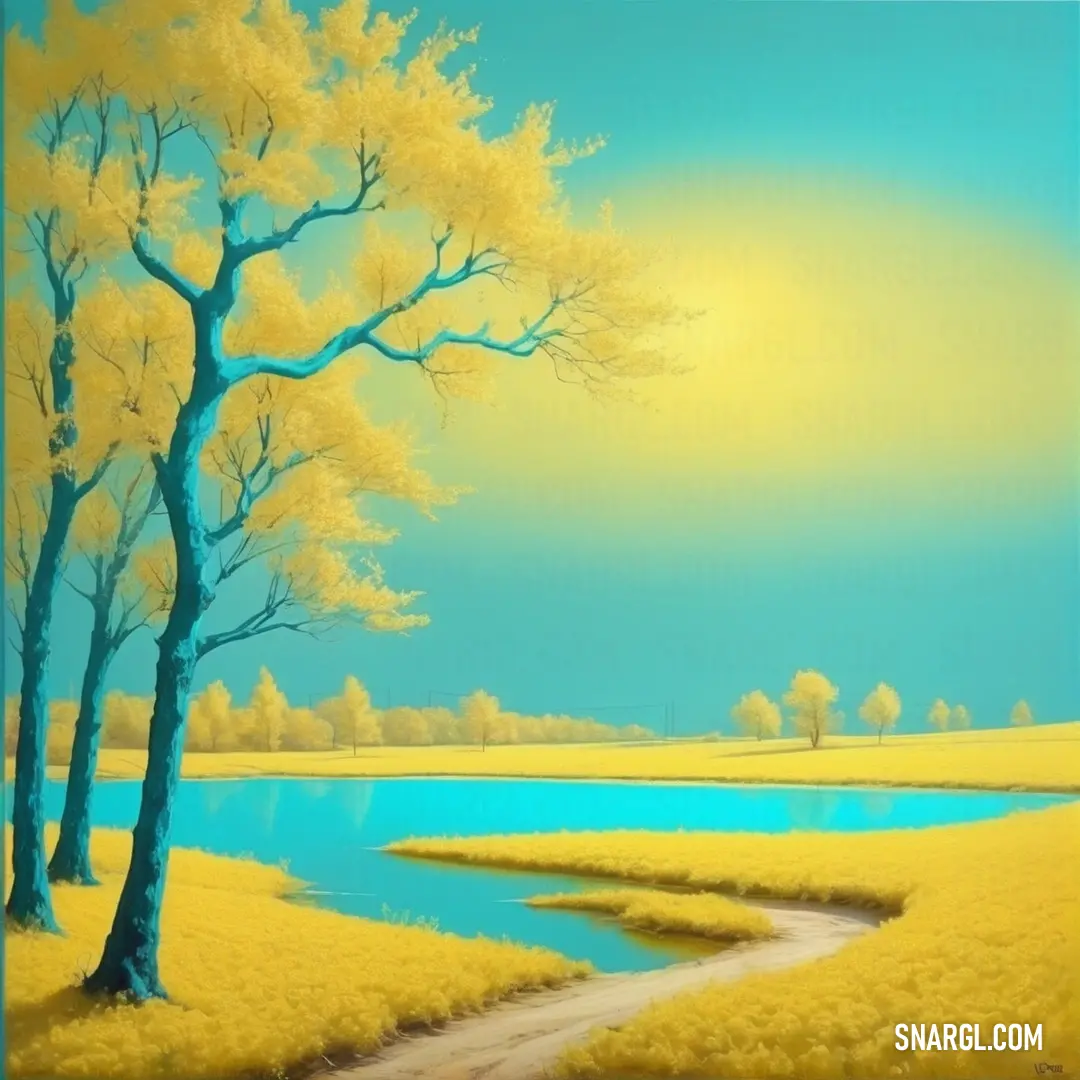 Hansa yellow color example: Painting of a river and a tree in the background