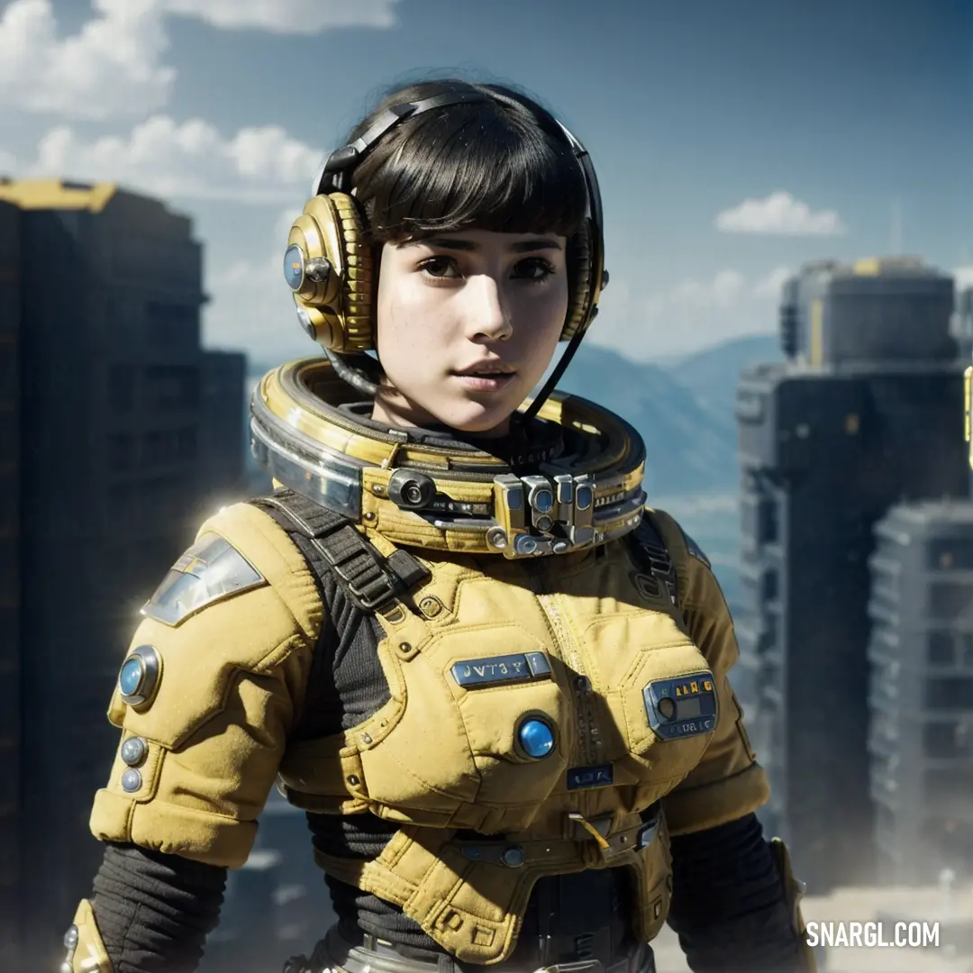 Woman in a yellow space suit standing in front of a cityscape with a futuristic helmet on