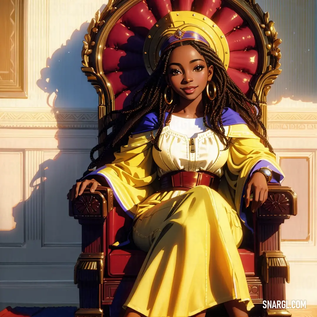 Woman on a throne with a red and yellow background and a red and gold crown on her head