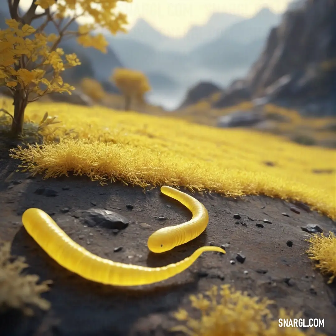 Yellow worm crawling on a rocky surface in a field of grass and trees with yellow flowers in the background. Color Hansa yellow.