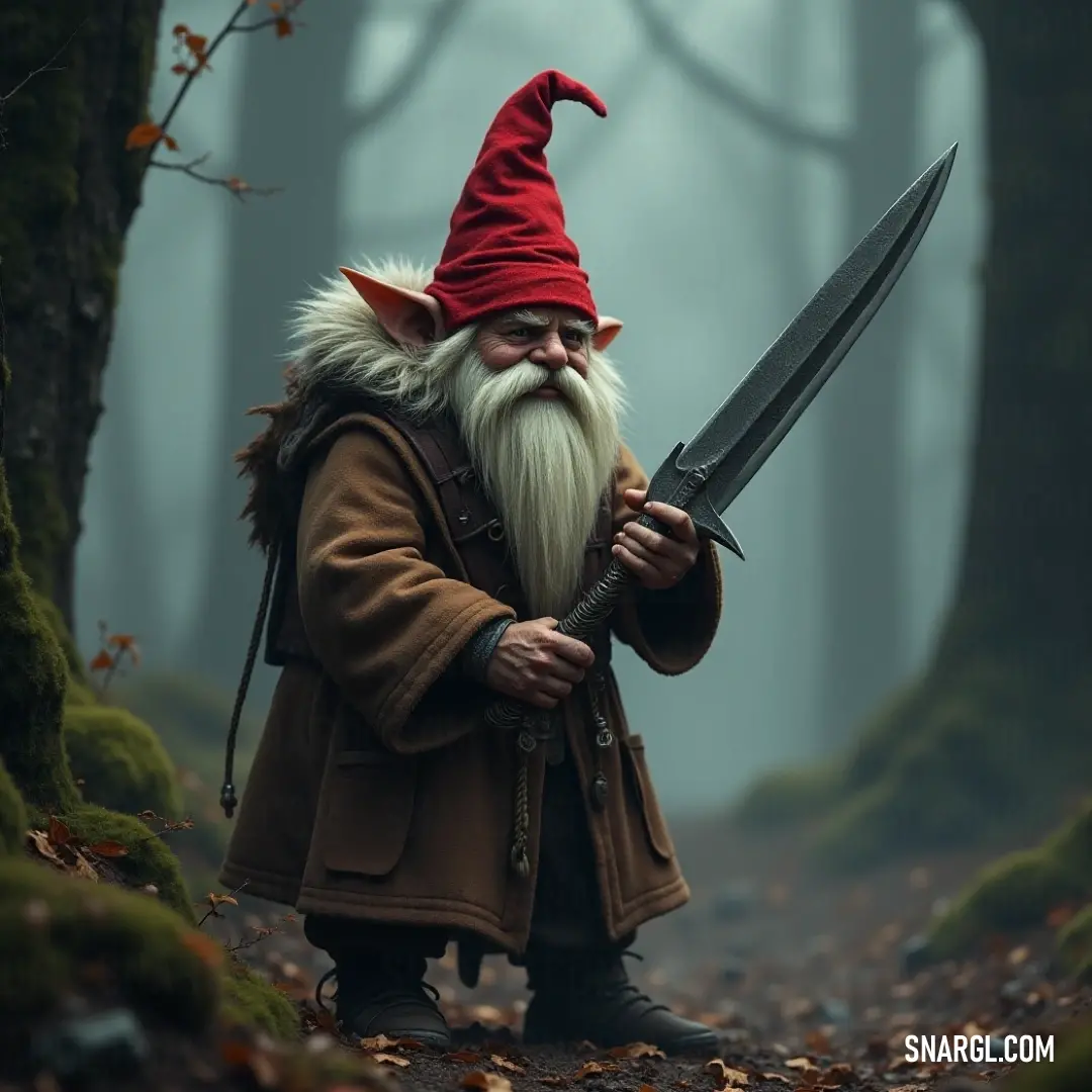 In a lush, moss-covered forest, Harald Tomten appears with his signature red hat and a gleaming sword at his side. Towering trees surround him, creating a mystical atmosphere as he stands ready for adventure, embodying the spirit of the wilderness.