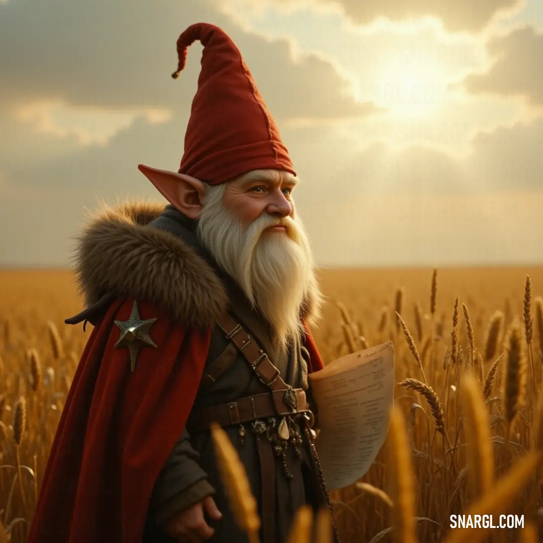 Harald Tomten dons a vibrant red hat and flowing cape, confidently holding a sword in a golden wheat field. The sun shines down, illuminating the landscape, while a gentle breeze sways the wheat, creating a picturesque scene of harmony and strength.