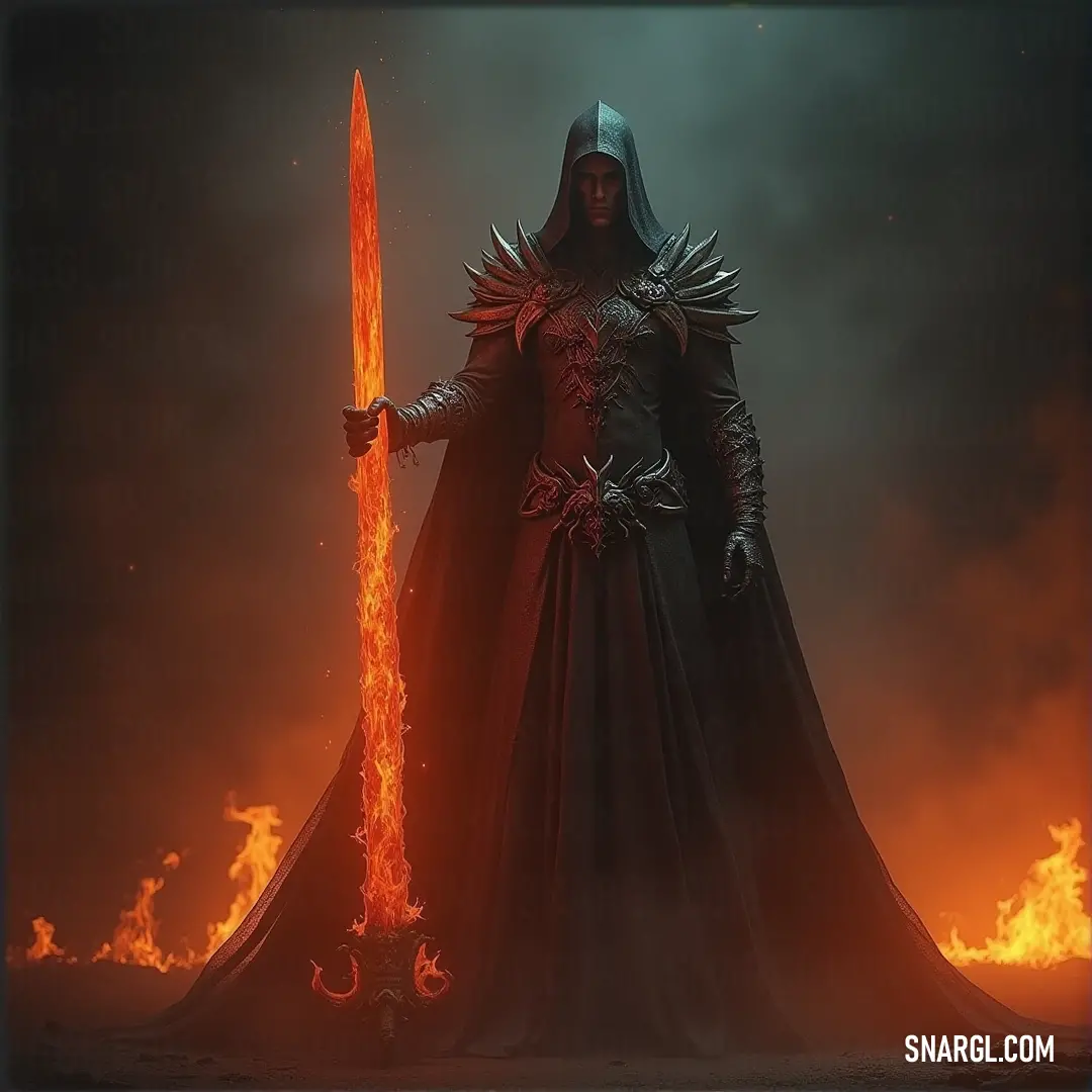 In a fiery landscape, the Harbinger Wraith, cloaked and armed with a sword, stands unyielding against the flames. The inferno rages, but their resolve is as unshakable as the flames themselves. The Harbinger Wraith stands tall in a fiery, flame-filled world, their hooded figure gripping a sword ready for battle. Behind them, flames dance like a raging storm, intensifying the chaos around.