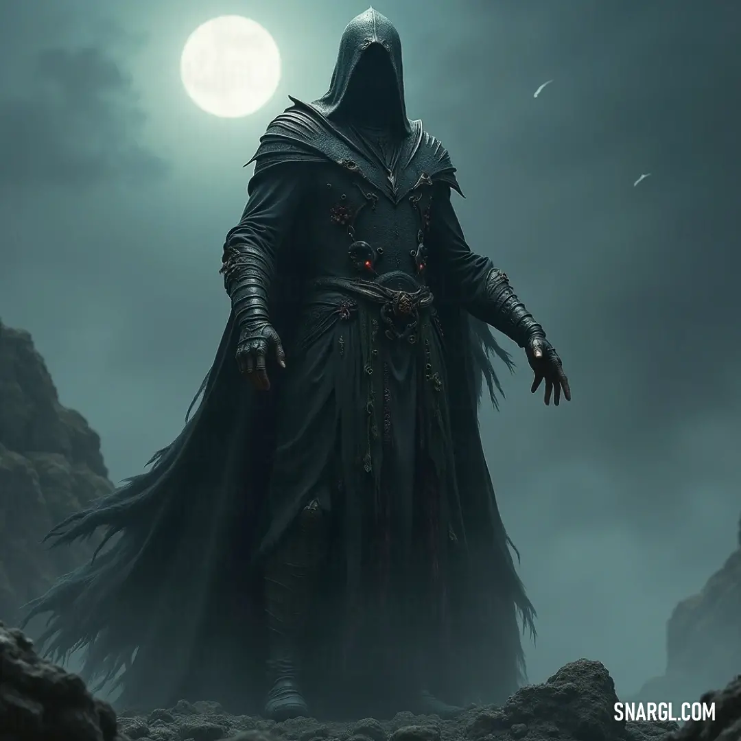 The Harbinger Wraith stands alone on a rocky hill beneath the full moon. The green cloak wraps around him as the haunting light of the moon casts long, eerie shadows over the landscape.