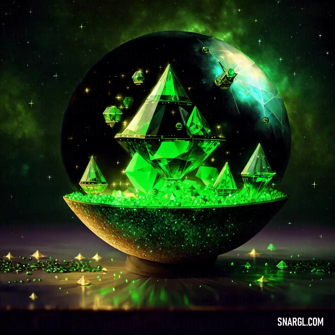 Green globe with a lot of different things on it in the middle of the night sky and stars