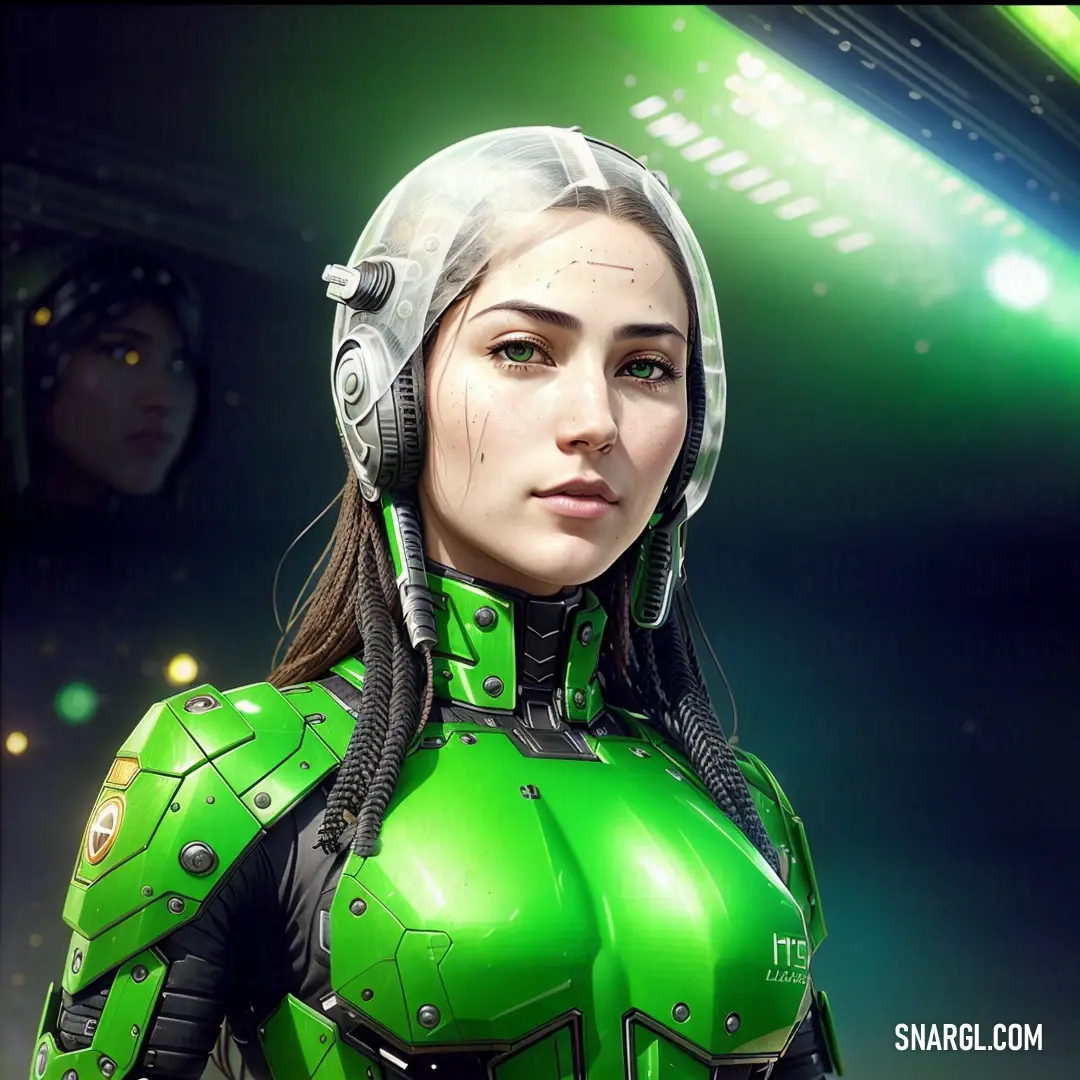 Woman in a green suit with a helmet on her head and a green light behind her head