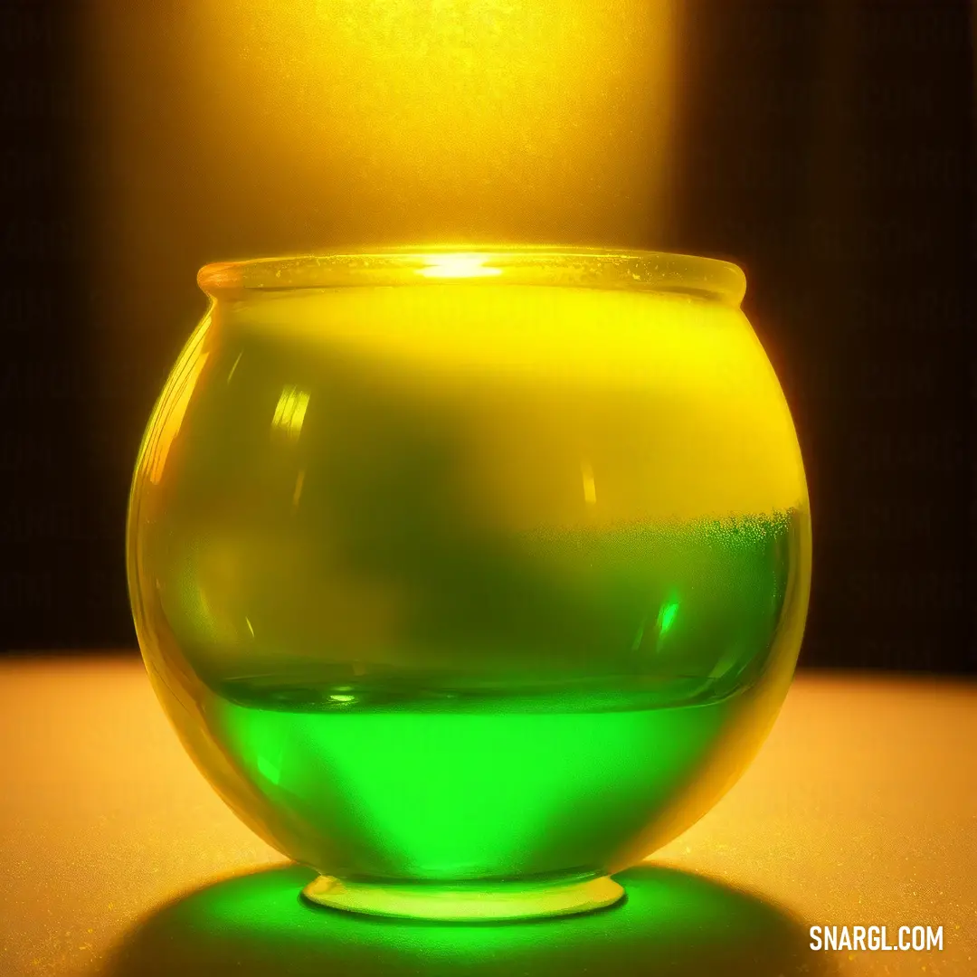 Yellow and green vase on a table with a light shining on it's side and a black background