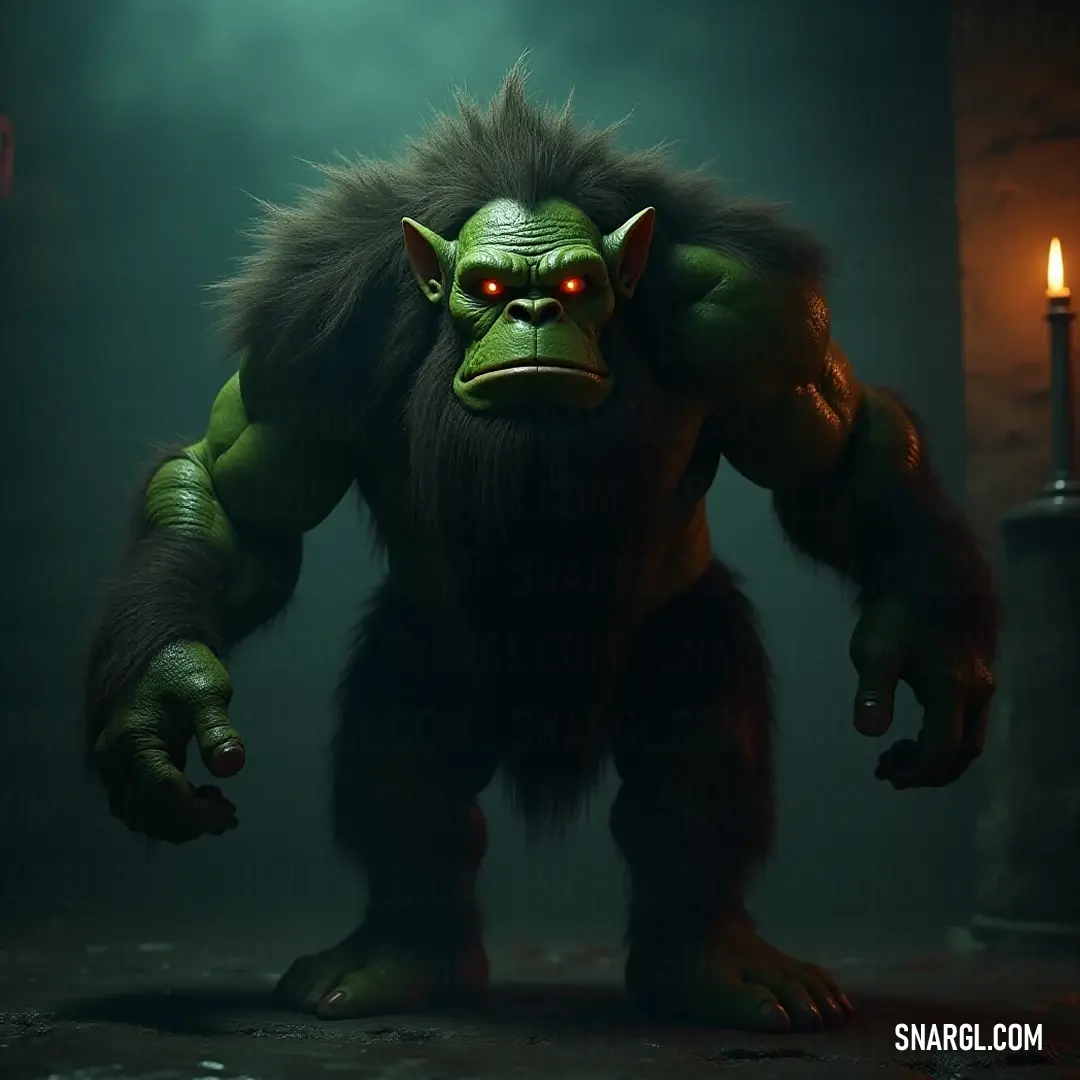 This delightful Harn, wrapped in its soft fur, is surrounded by candlelight, creating a heartwarming scene that radiates comfort and charm. A big furry Harn stands amidst a cozy setting, where a flickering candle in the background casts a warm glow, enveloping the scene in an intimate and inviting atmosphere, showcasing the charm of this endearing creature.