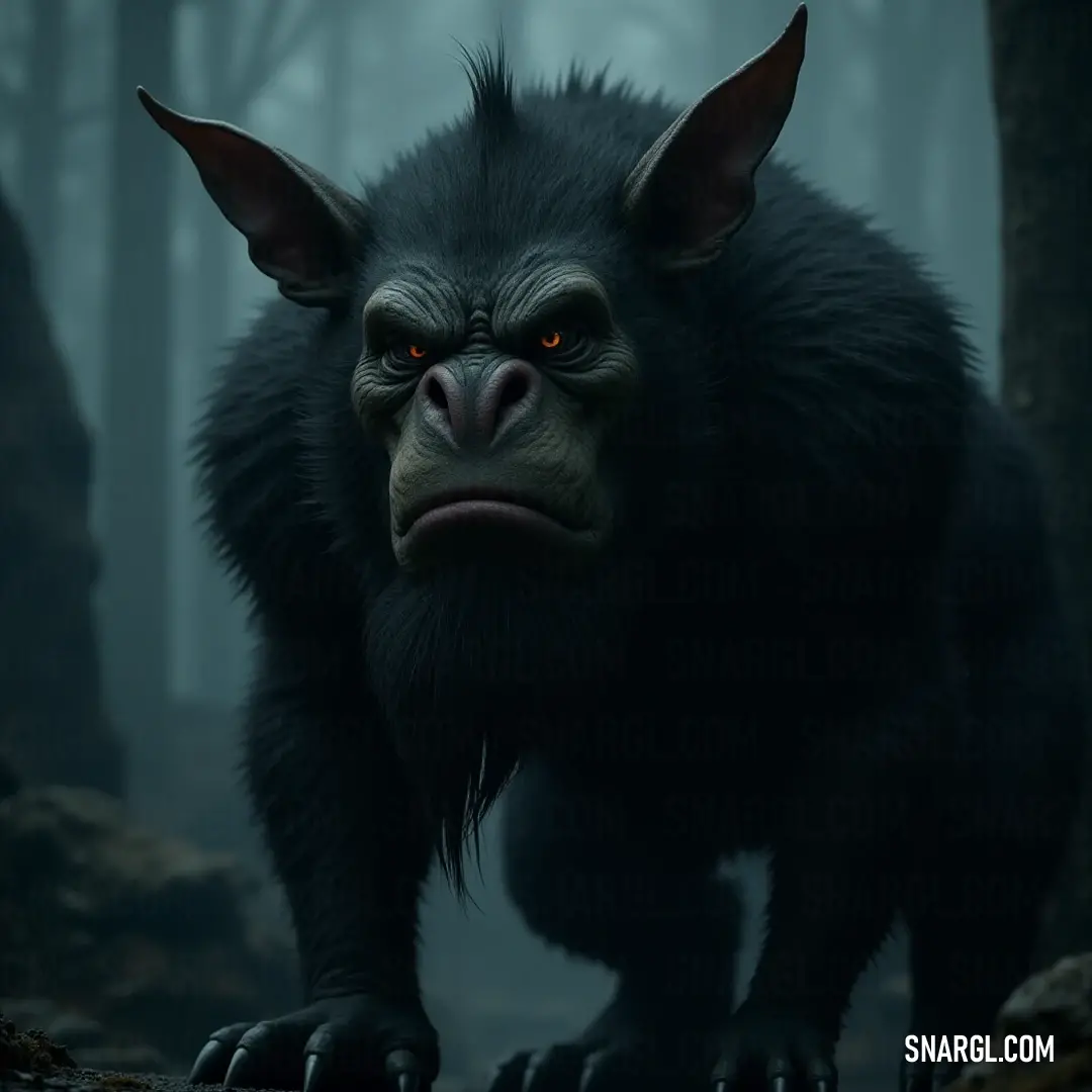 A haunting sight, this black Harn with piercing red eyes stands watch in a dark forest, exuding an aura of foreboding mystery, where every rustle of leaves hints at untold stories lurking just beyond our sight. In an eerie, misty forest, a menacing black Harn with glowing red eyes seems to emerge from the shadows. Its unsettling gaze carries an air of mystery, weaving tales of both terror and intrigue among the ancient trees and rocks around it.