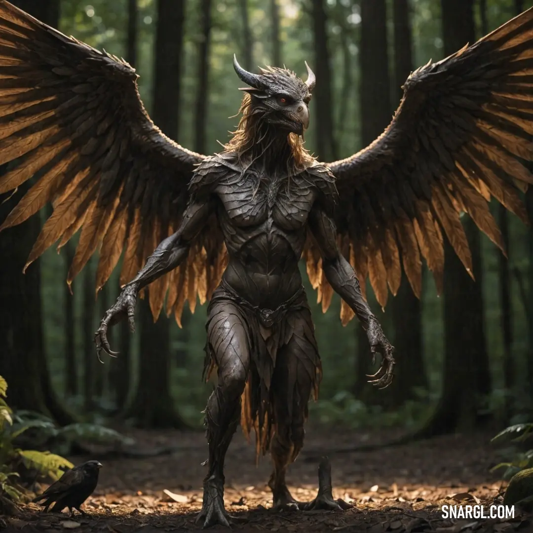 Harpy with large wings standing in a forest with a crow on the ground next to it's head
