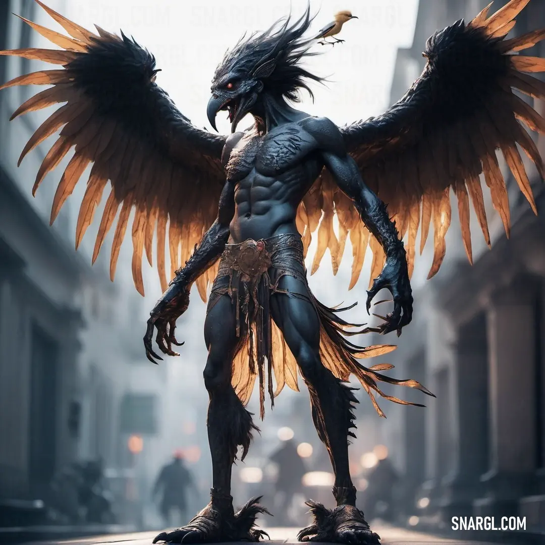 Demonic looking Harpy with large wings on a city street with buildings in the background