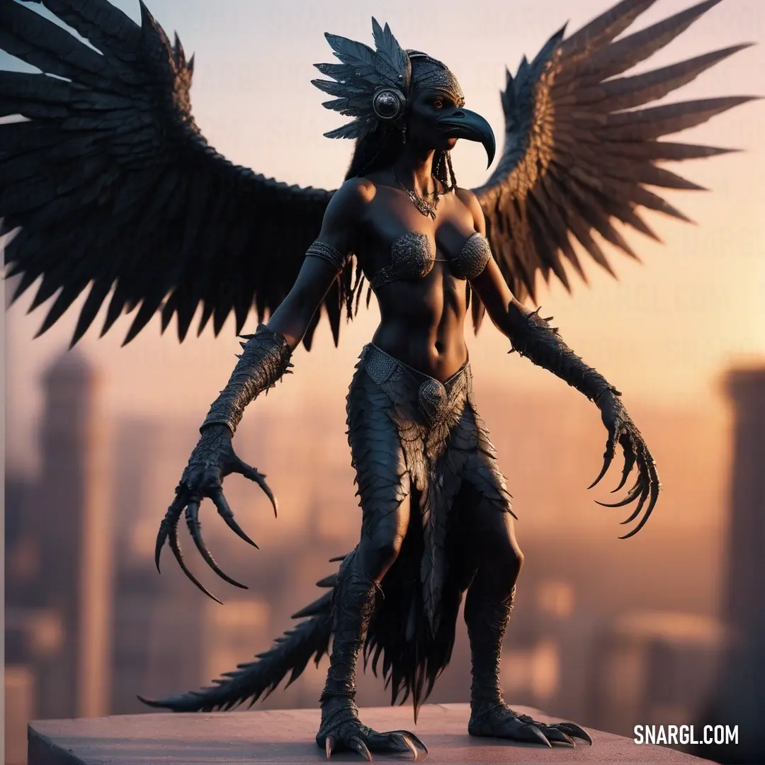 Statue of a female Harpy with wings on top of a building with a city in the background
