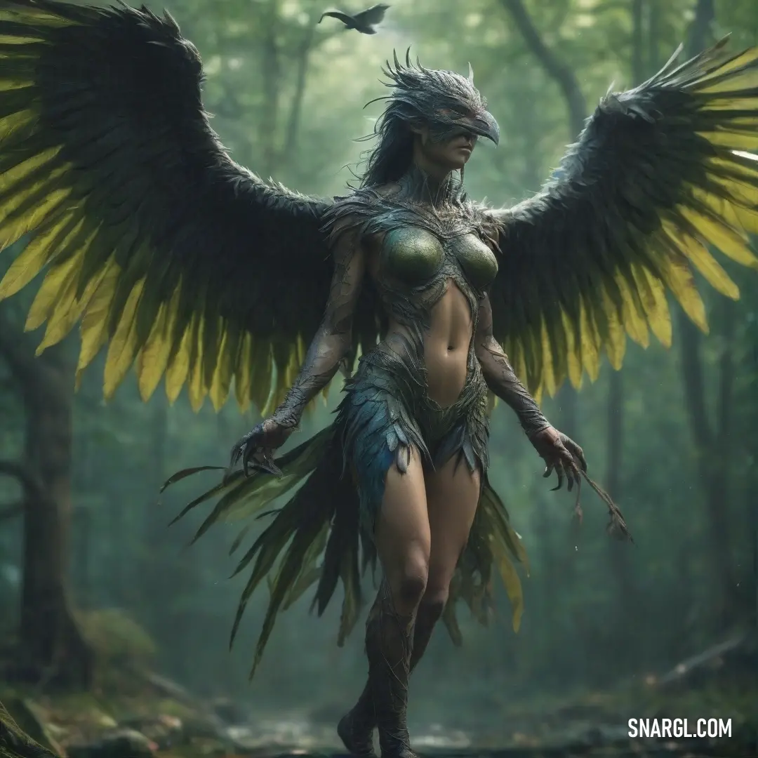 Harpy with a large bird like body and wings on her back walking through a forest