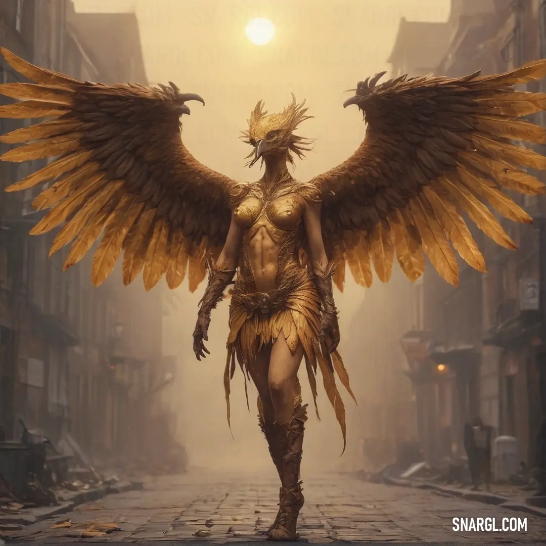 Harpy with large wings walking down a street in a city at sunset or dawn with a sun shining behind her