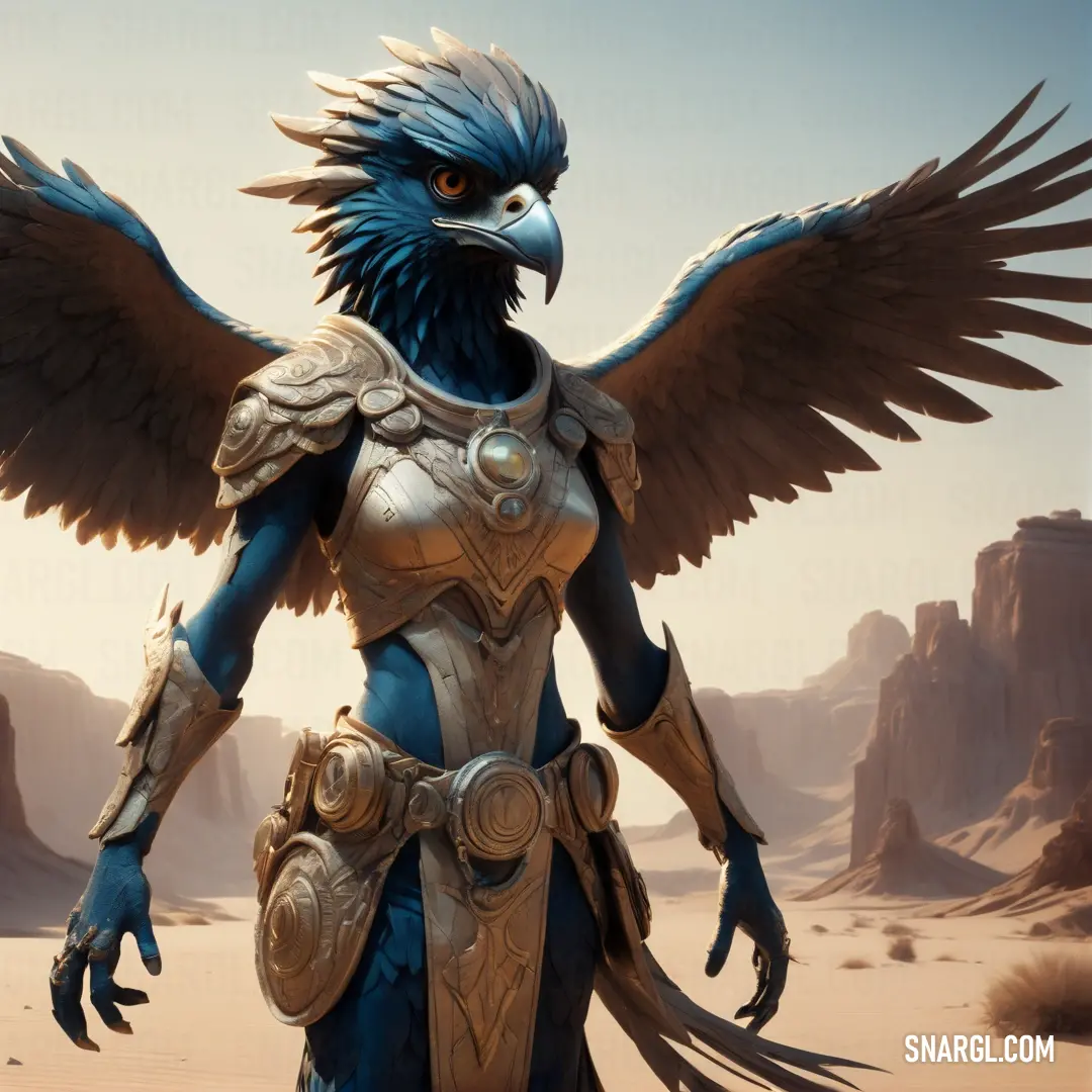 Bird like Harpy with wings and armor in a desert setting with mountains in the background