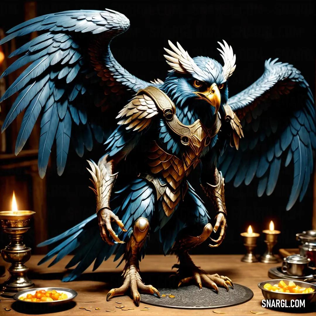 Statue of a Harpy with wings spread out and a candle in the background