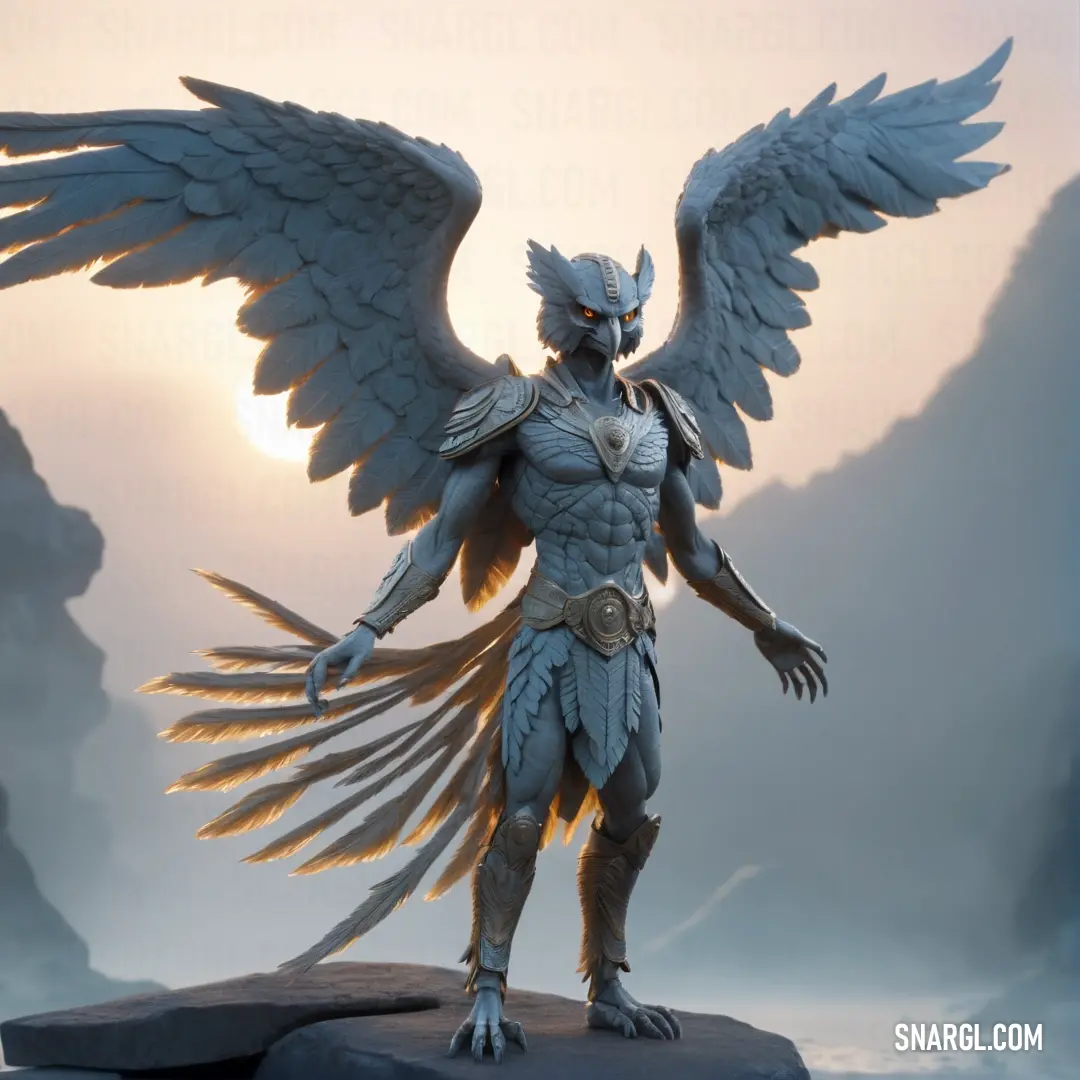 Statue of a male Harpy with wings on a rock in the middle of a mountain range at sunset or dawn