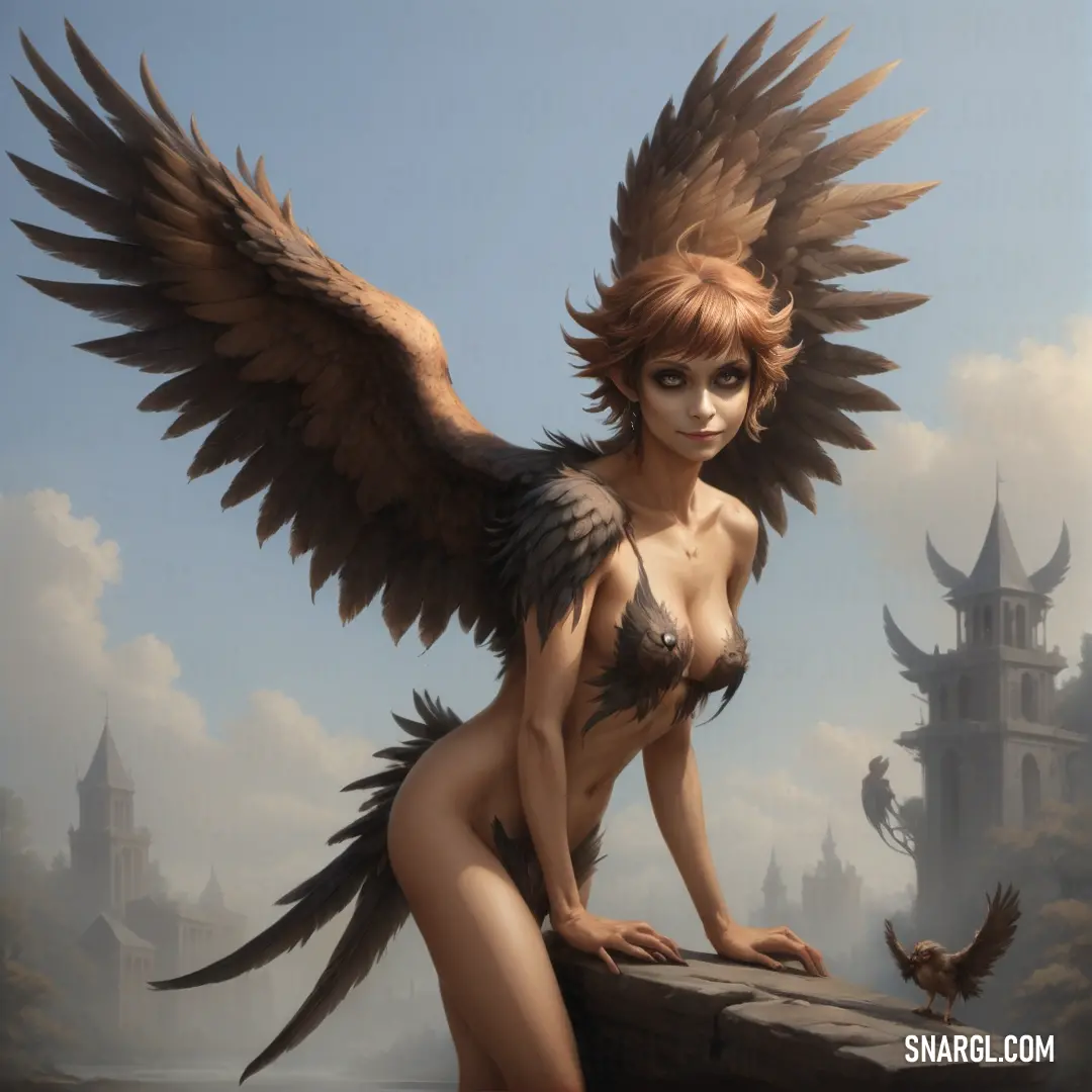 Harpy with large wings on a rock with a bird in her hand and a castle in the background