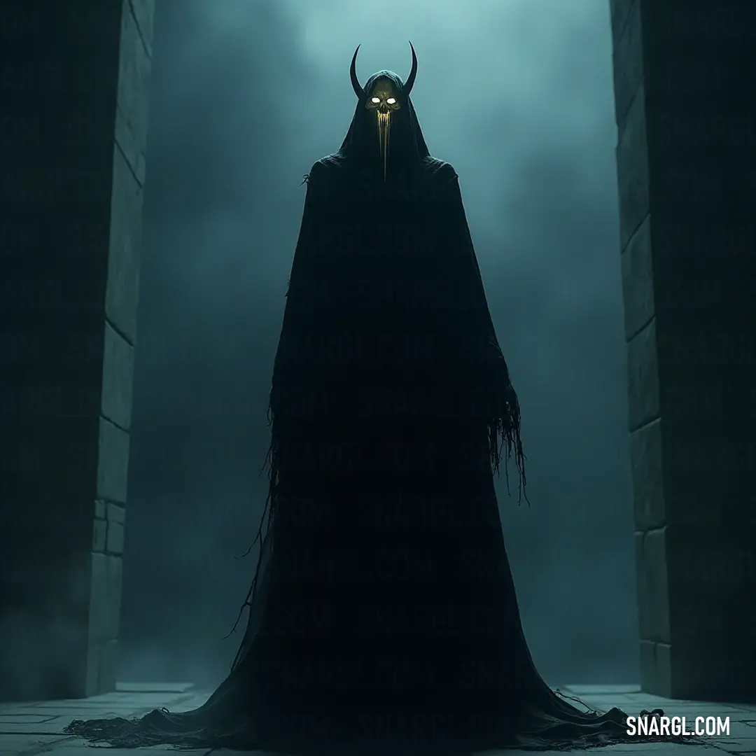 A Harrowing Wraith in a black cloak, concealed behind a chilling demon mask, creating an ominous presence that evokes awe and terror. Clad in a flowing black cloak, a Harrowing Wraith drifts ominously, its face concealed behind a chilling demon mask that evokes awe and terror. The void of its presence fills the air, creating an atmosphere heavy with dread and the unseen forces that loom