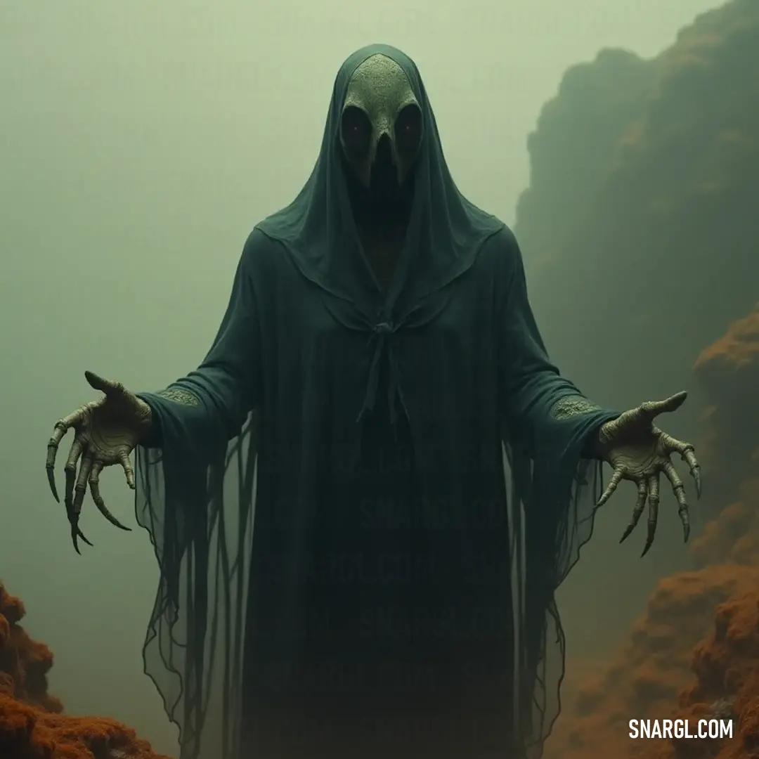 A haunting wraith cloaked in shadow reaches out with outstretched hands, embodying an ethereal, otherworldly essence. A haunting wraith stands in an eerie twilight glow, cloaked in a dark hooded garment. With outstretched hands, they seem to beckon the unknown, their presence both foreboding and mesmerizing against the shadowy backdrop.