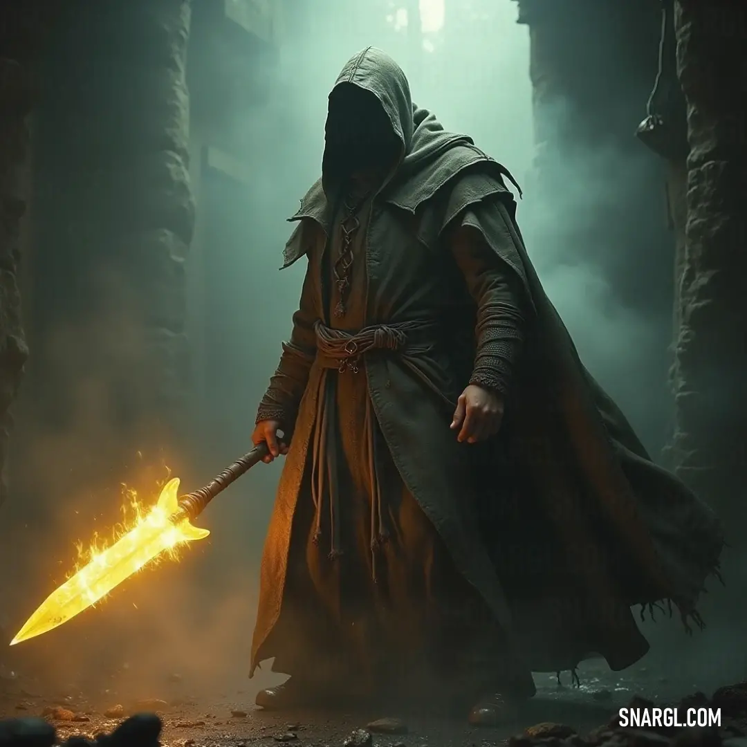 A mysterious figure in a hooded cloak holds a glowing sword, surrounded by the misty embrace of a dark, enchanted forest, illuminated by the sword's ethereal light. A shadowy figure cloaked in a hood gazes intently, wielding a luminous sword amidst the tangled shadows of an ancient forest, where swirling fog dances around gnarled trees, creating an eerie yet captivating atmosphere.
