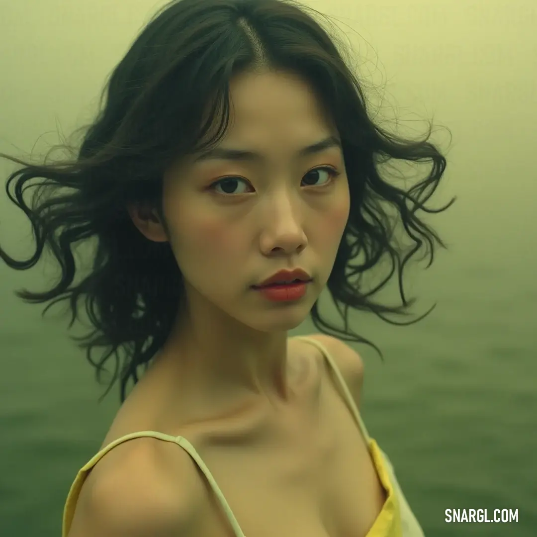 A young woman in a vibrant yellow top stands confidently in the water, her hair dramatically flowing in the breeze. She gazes directly at the camera, exuding both strength and serenity against the shimmering backdrop of the waves.