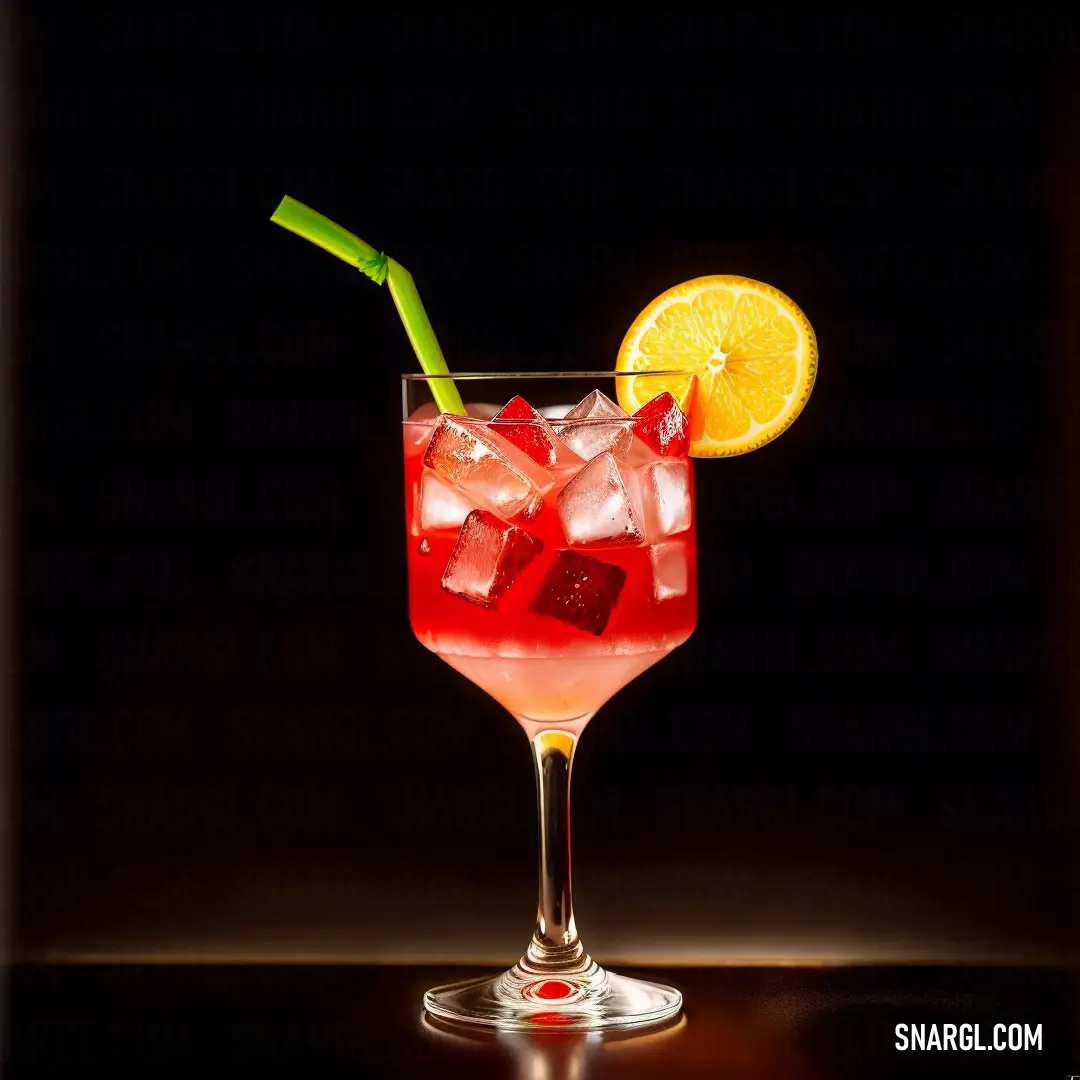 Glass of alcohol with a straw and a lemon slice on the rim of it. Color #C90016.