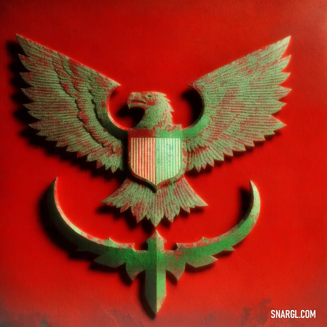 Green eagle with a shield and sword on a red background with a green stripe on the bottom of the eagle
