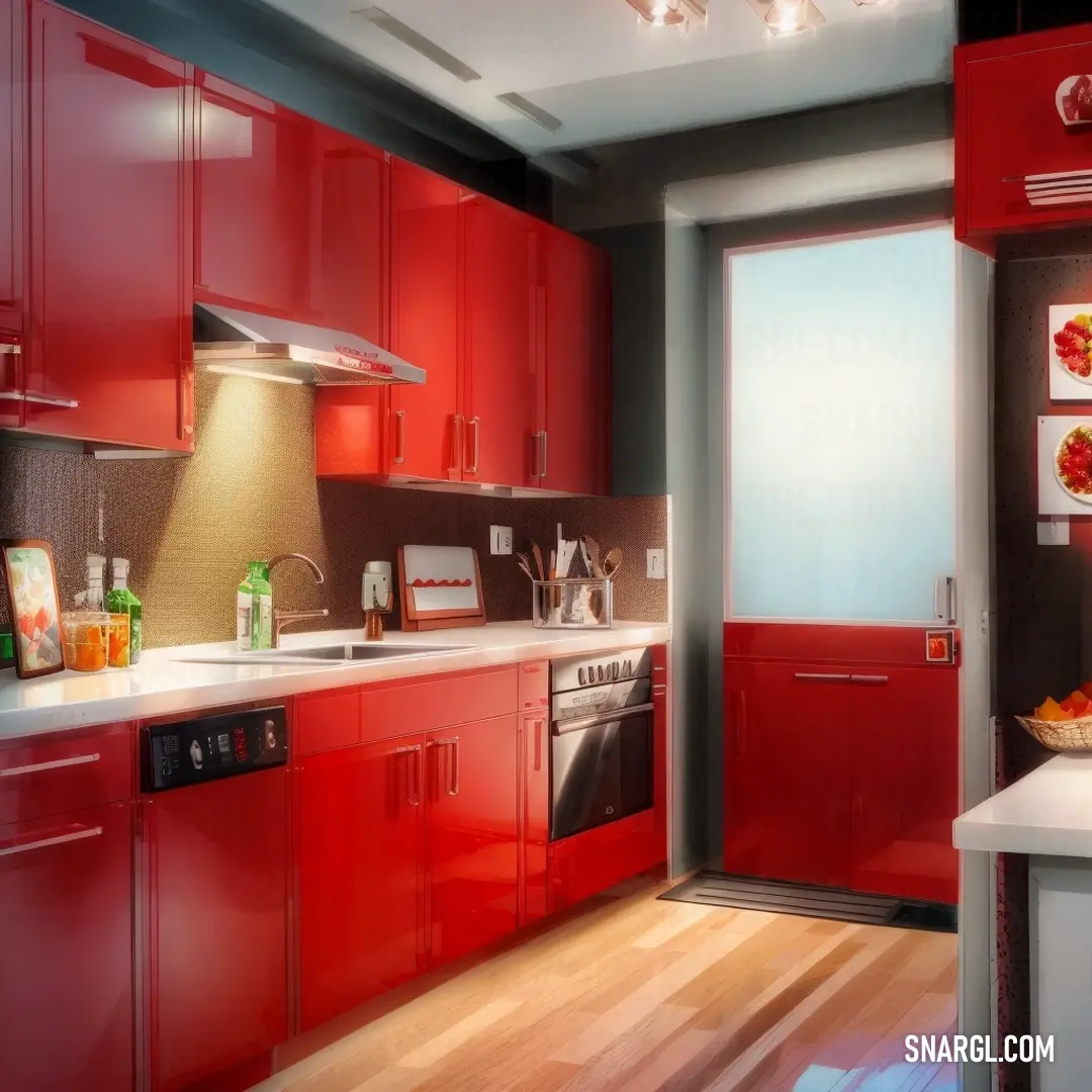 Kitchen with red cabinets and a white counter top and a wooden floor and a white counter top and a bowl of fruit