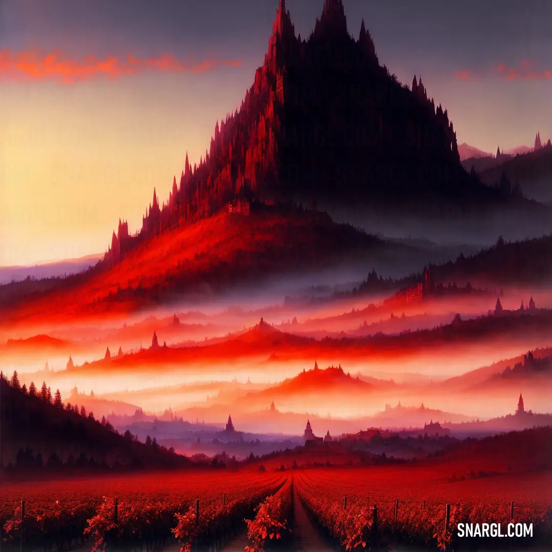 Harvard crimson color. Painting of a mountain with a red sky in the background