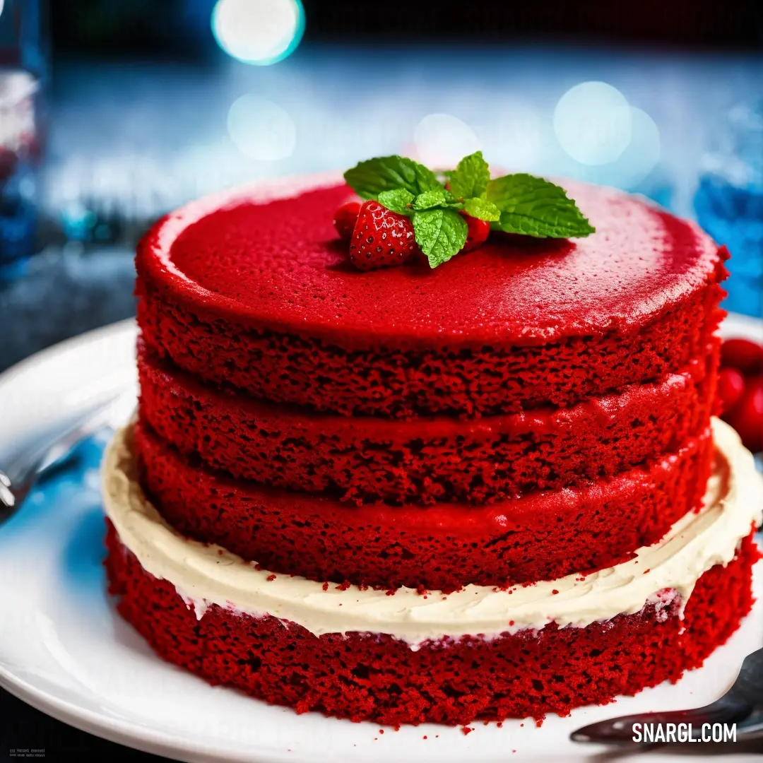 Red cake with a strawberry on top of it on a plate with a fork and a glass of water