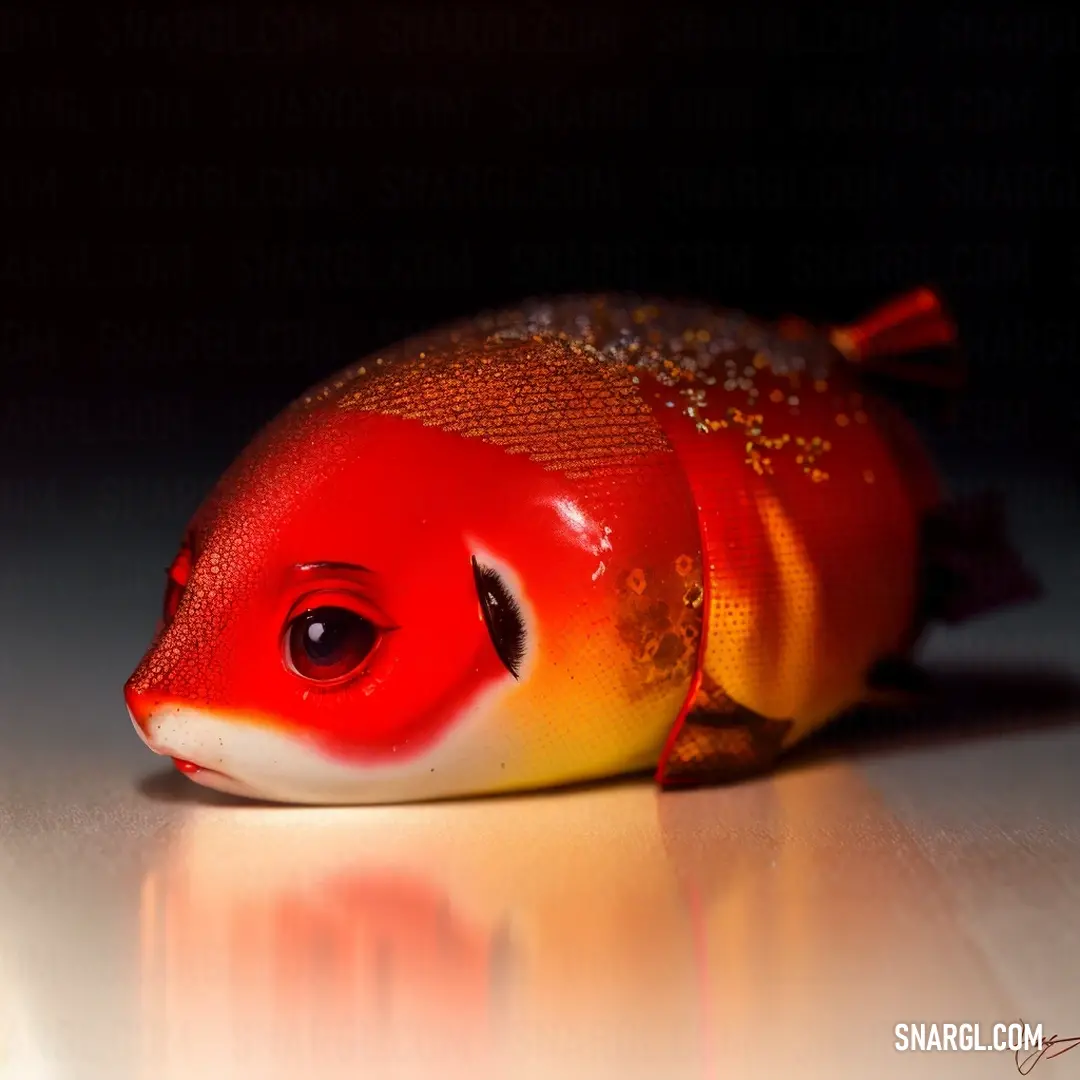 Red fish with a yellow tail and a red nose and tail with a white tip and a black background