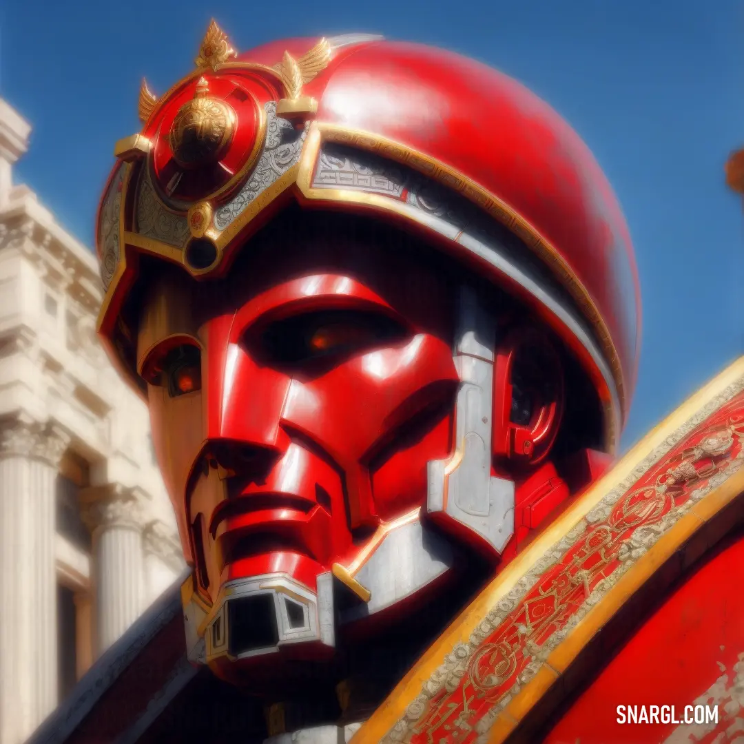 Harvard crimson color example: Red helmeted man in a red helmet and gold armor with a white building in the background and a blue sky