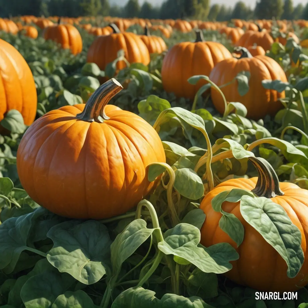 Field full of pumpkins with leaves on them and one pumpkin in the middle of the field. Example of #DA9100 color.