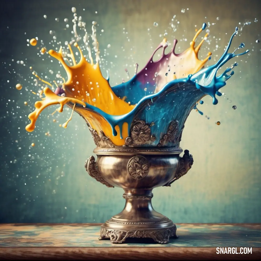 Gold vase with blue and yellow paint splashing out of it on a table top. Example of Harvest Gold color.