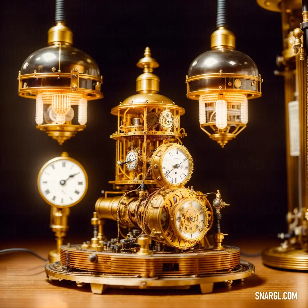 Clock made out of a mechanical device on a table with three lamps on top of it. Color Harvest Gold.