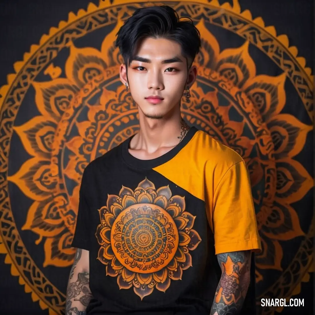 Man with tattoos standing in front of a wall with a circular design on it's chest and a black shirt with a yellow