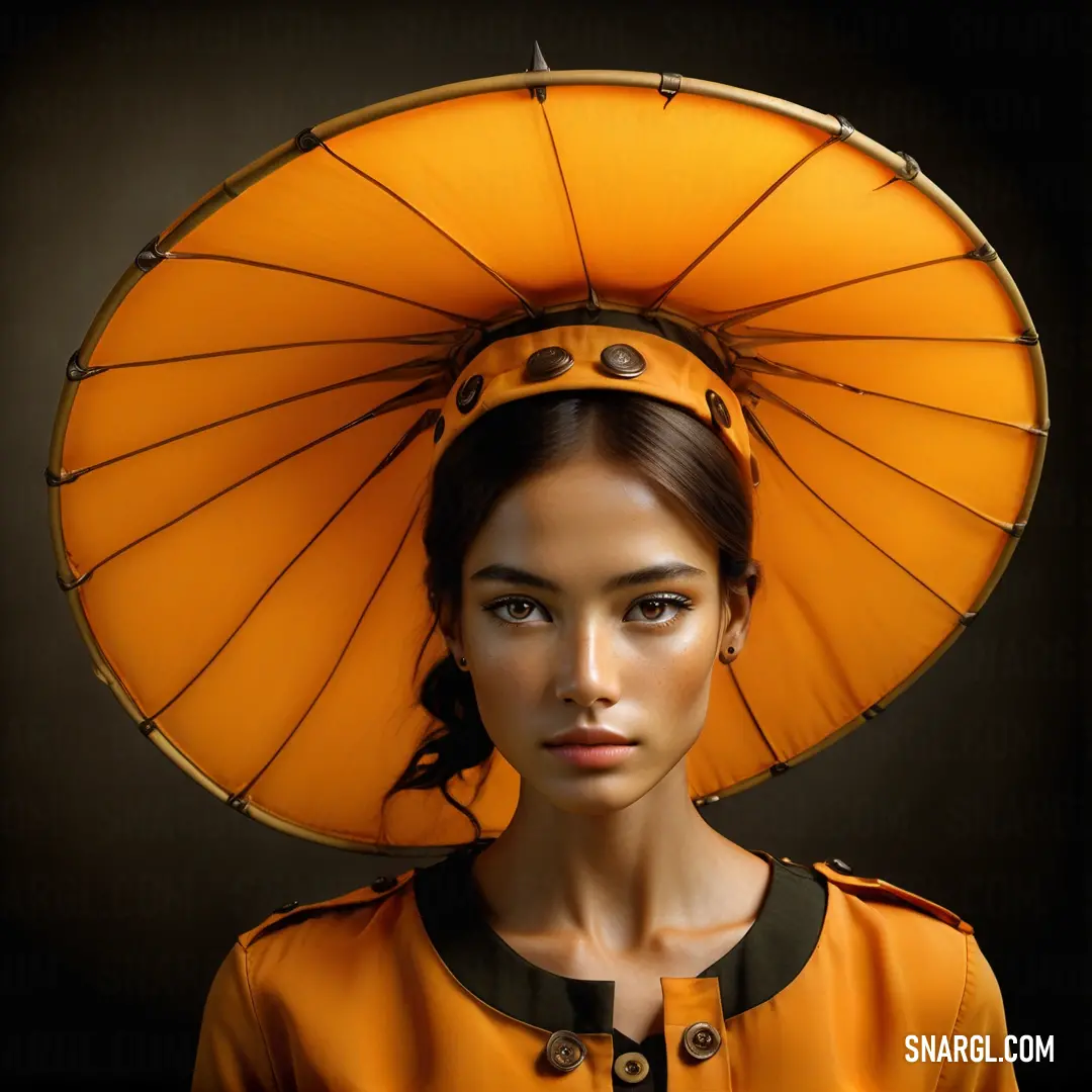 Woman with a yellow umbrella on her head and a black background. Color Harvest Gold.