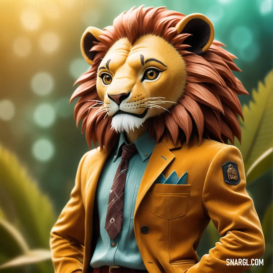 Lion in a suit and tie standing in front of a jungle background. Color RGB 218,145,0.