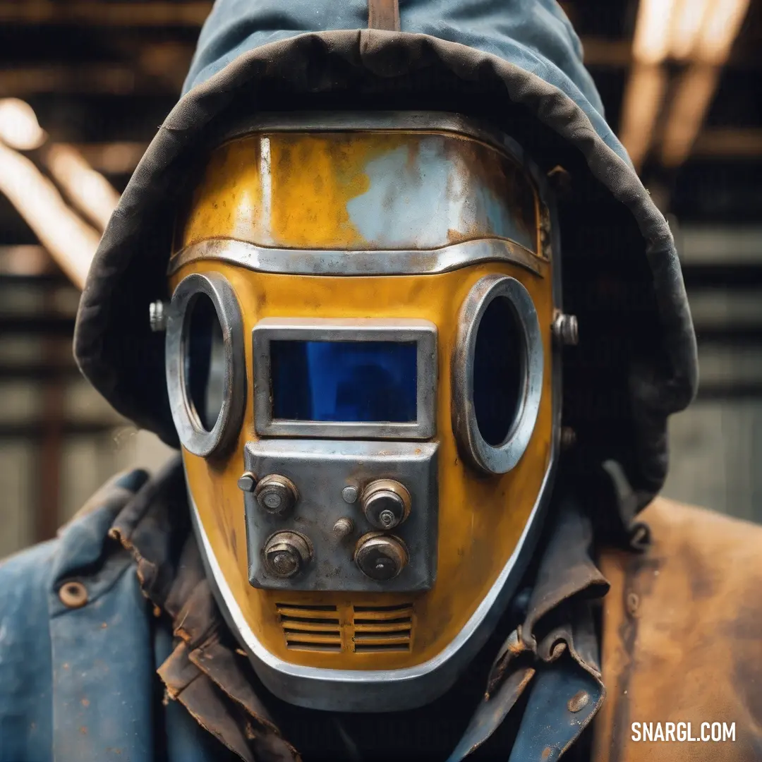 Man wearing a yellow and black mask and a hood with a hood on its head. Color CMYK 0,33,100,15.