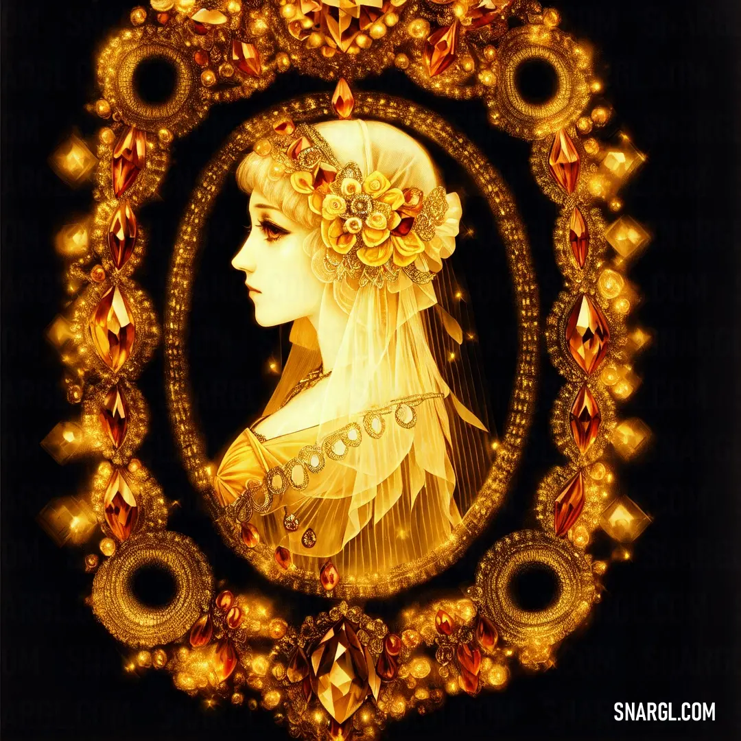 Painting of a woman with a flower in her hair in a gold frame with a black background